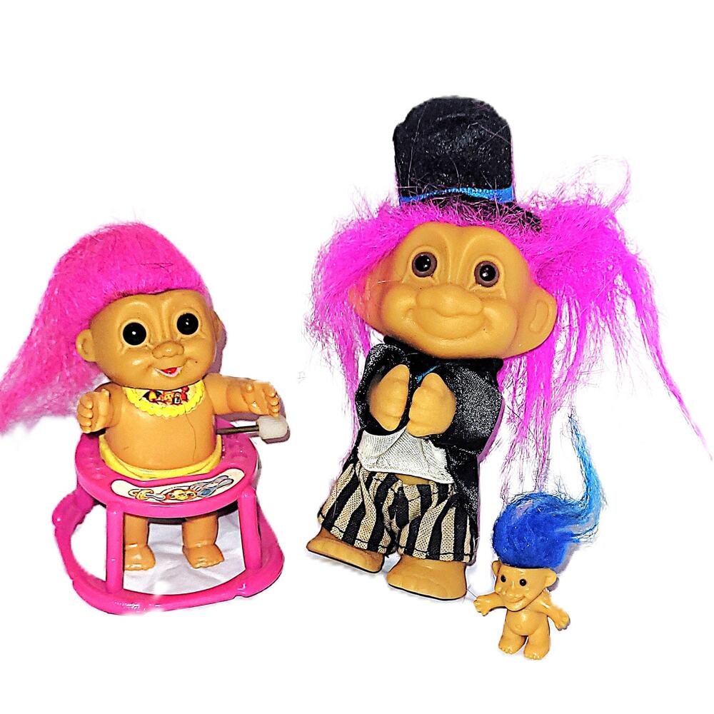 (9B) 3 Variety Vintage Trolls ~ Tiny 1", Wind-up Walker, Arm Clip Troll Lot